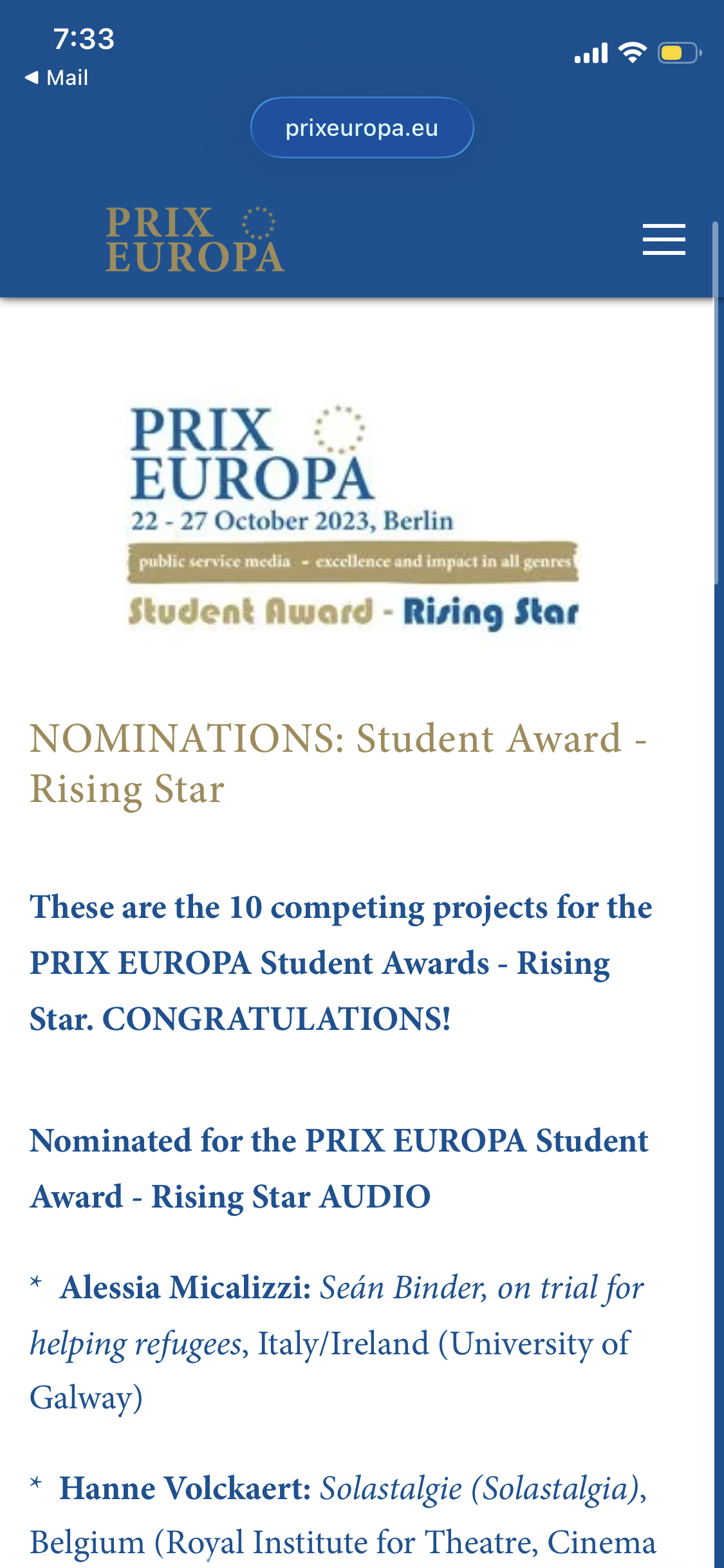 Official webpage announcing nominations for the PRIX EUROPA Student Awards 2023 in Berlin, featuring details of 10 competing projects and nominees.