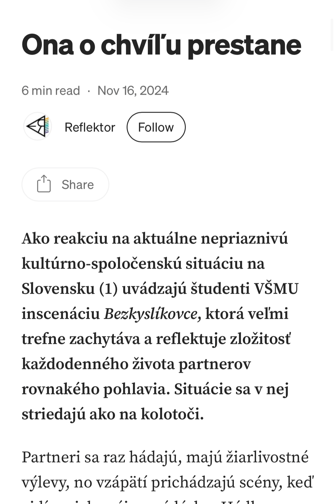 Screenshot of a Slovak article titled 'Ona o chríľu prestane', with a publication date of November 16, 2024, and a reading time of 6 minutes.