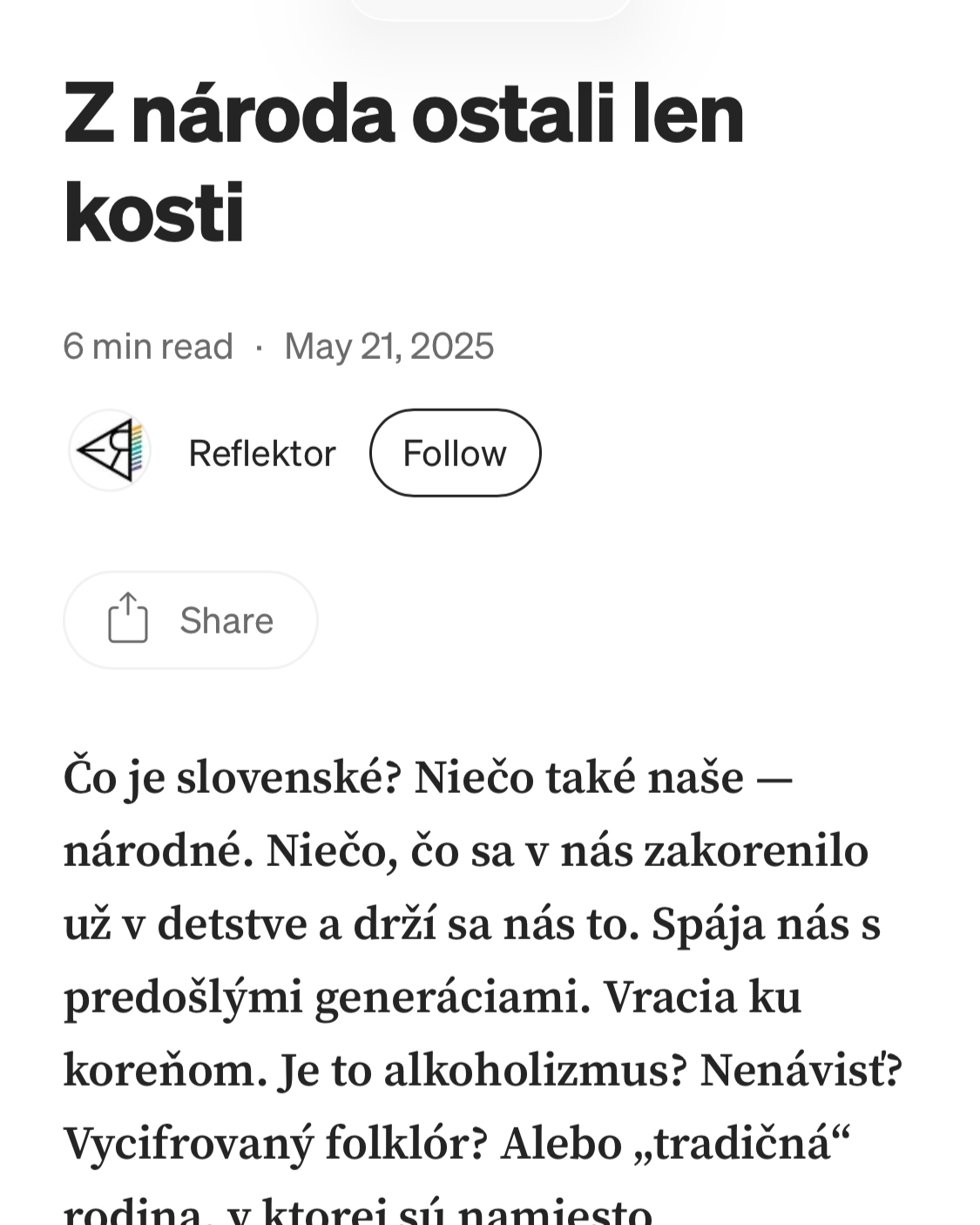 A screenshot of an article titled "Z národa ostali len kosti" with the publication date of May 21, 2025, and author "Reflektor." The article is in Slovak and discusses Slovak heritage and cultural identity.