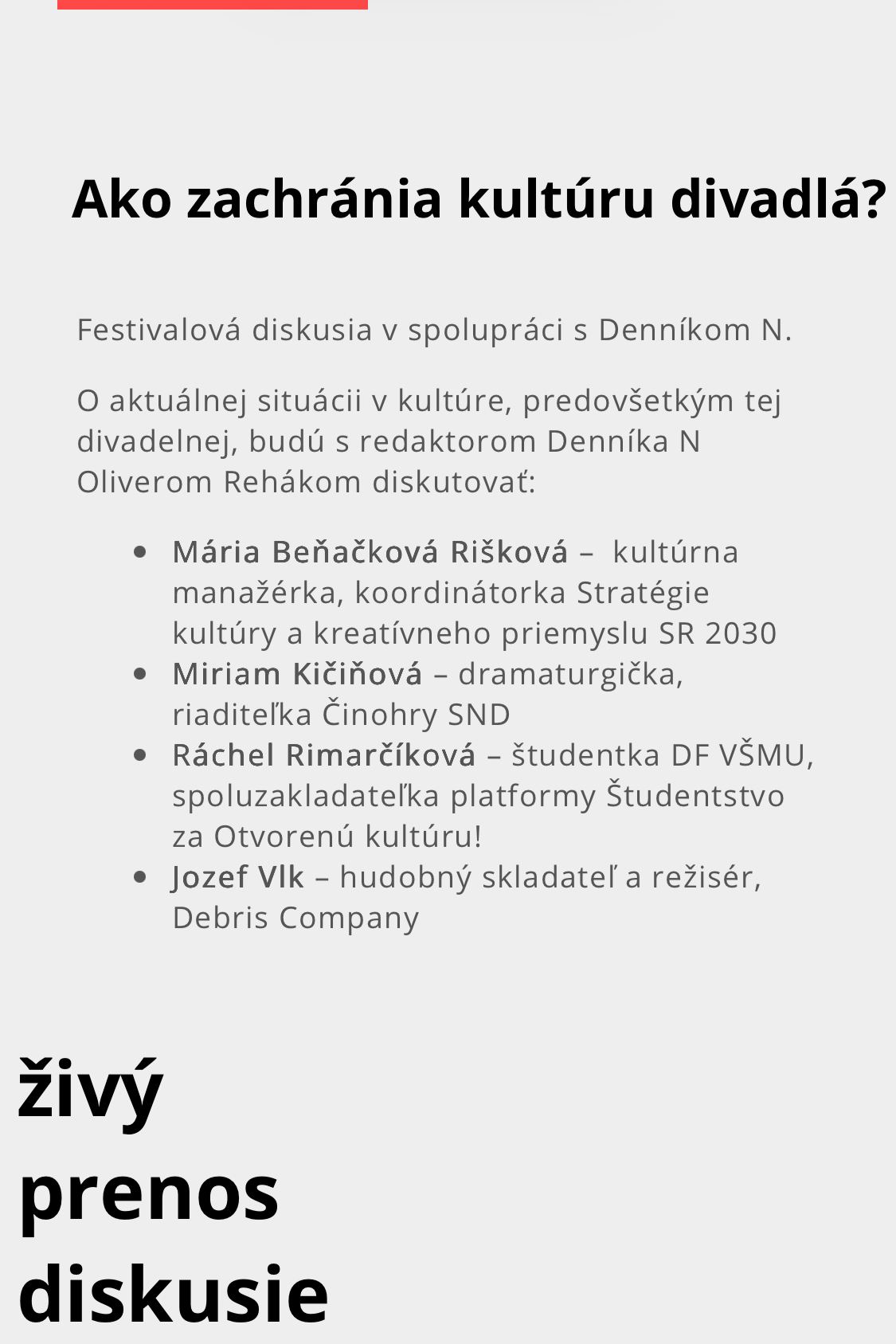 Slovak-language poster advertising a cultural discussion event, featuring a panel of speakers including Mária Beňačková Rišková, Miriam Kičinová, Ráchel Rimáčiková, and Jozef Vlk.