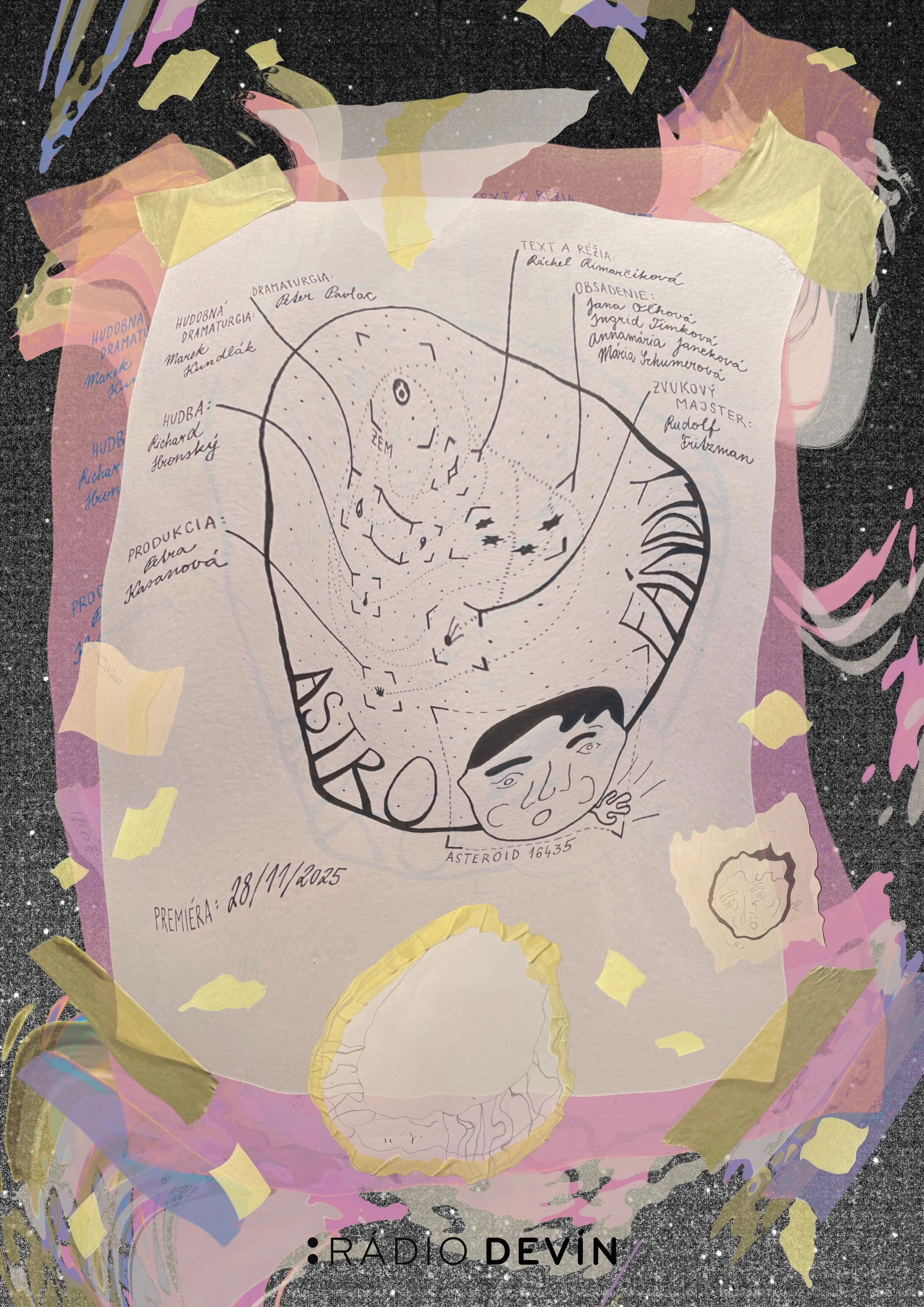 A hand-drawn poster or diagram with Czech or Slovak text related to asteroid 16435, featuring a cartoon face of a boy, a depiction of an asteroid, and labels for different roles in a production or presentation. The background has colorful tape, doodles, and a cosmic theme with stars and swirling patterns.