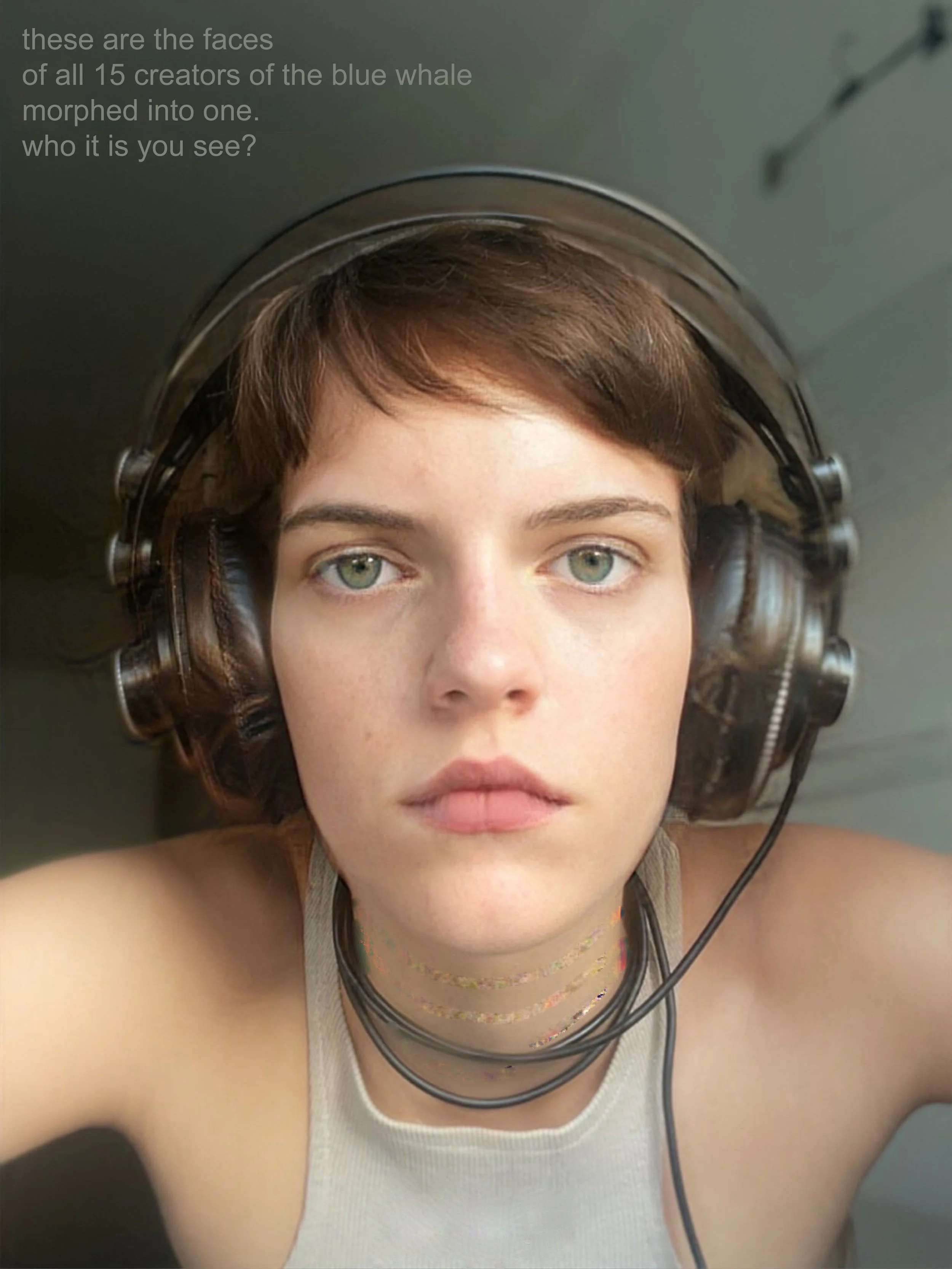A person wearing large over-ear headphones, looking directly at the camera with light-colored eyes, wearing a light-colored tank top and layered necklaces, with text on the upper left corner about the faces of the creators of the blue whale.