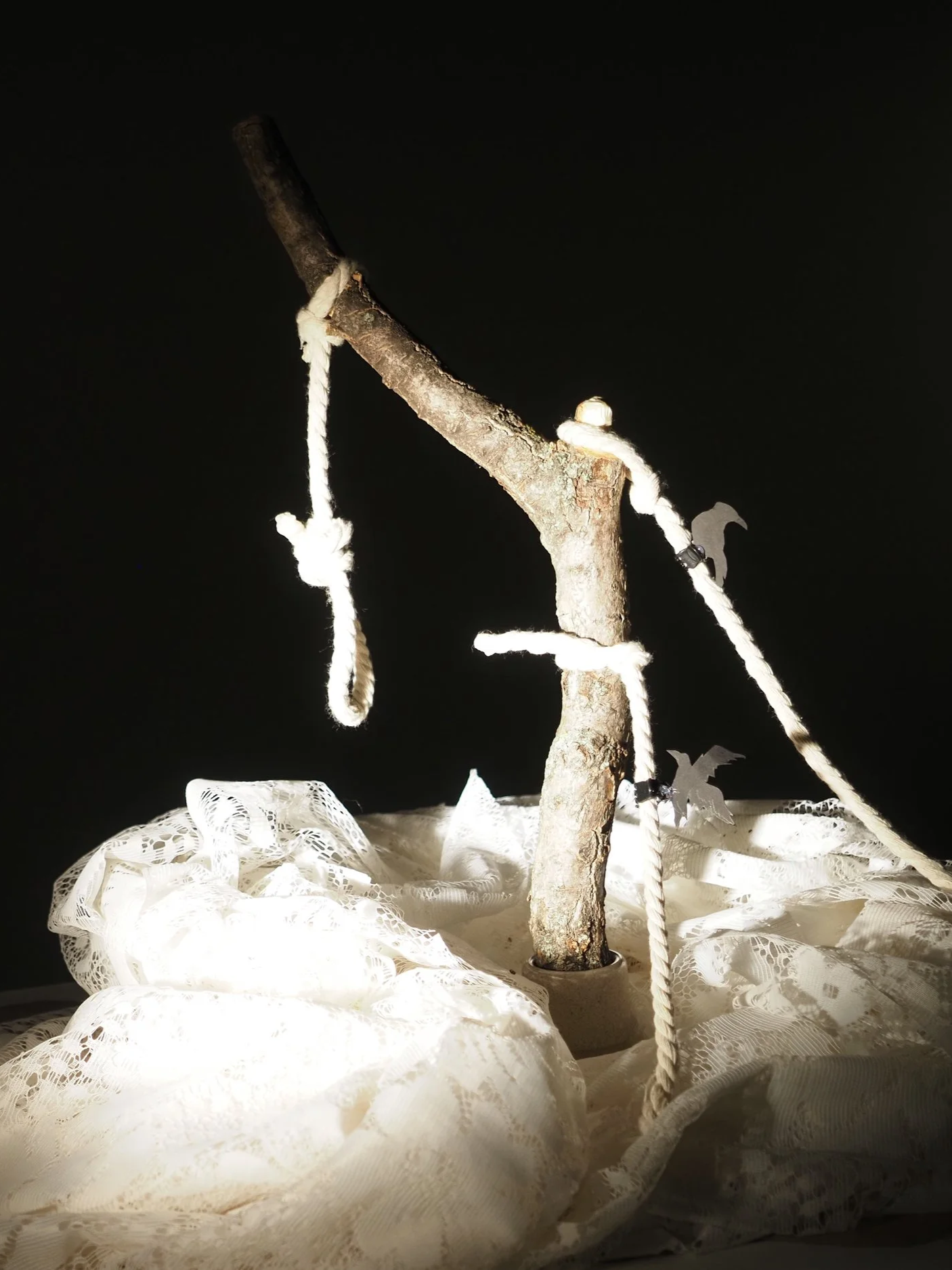 A small tree branch wrapped with white ropes, surrounded by white lace fabric, against a black background.