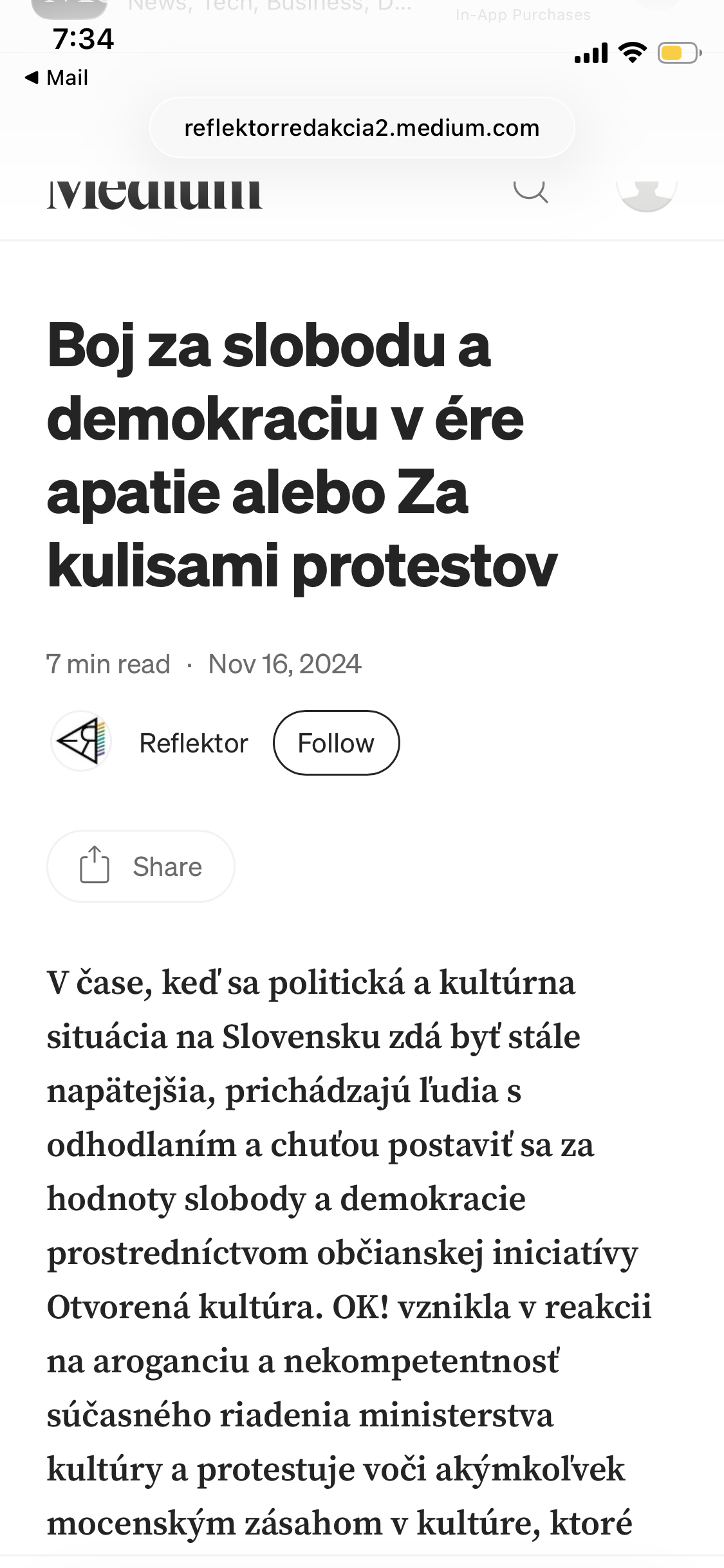 Screenshot of an online article in Slovak titled "Boj za slobodu a demokraciu v ére apatie alebo Za kulismi protestov", published on November 16, 2024, discussing political and cultural protests in Slovakia.