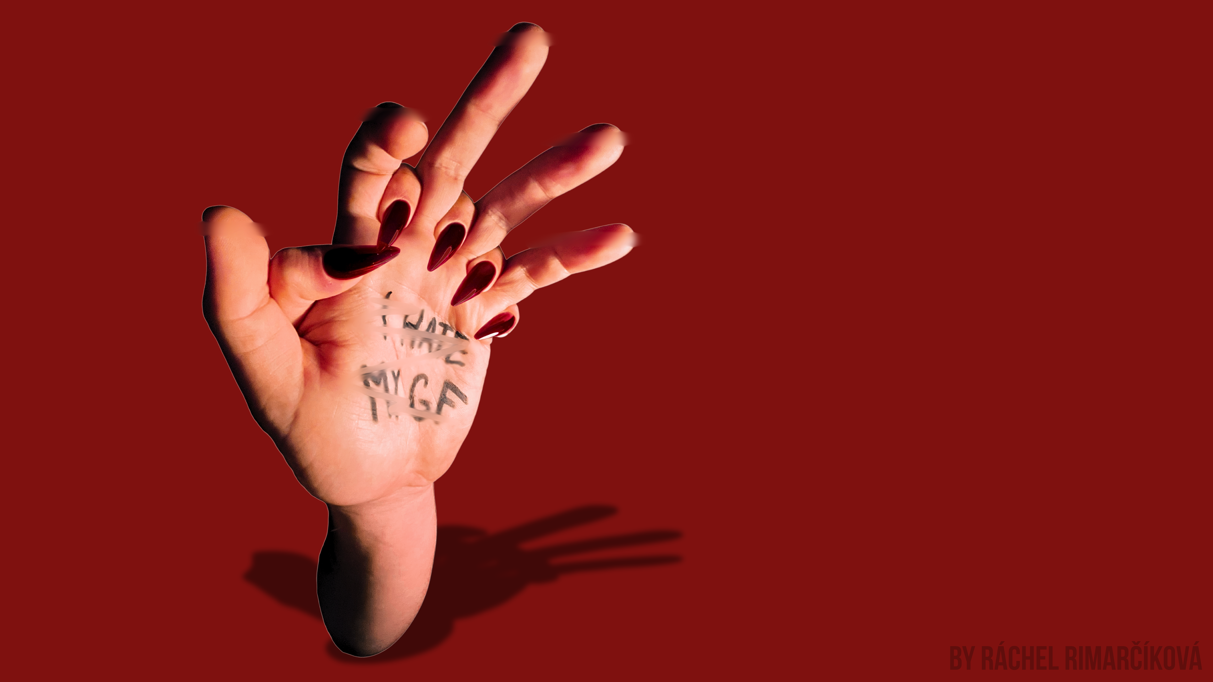 A woman's hand with dark red nail polish making an 'OK' gesture against a solid red background, with the words 'LOVE MY GF' written on her palm.