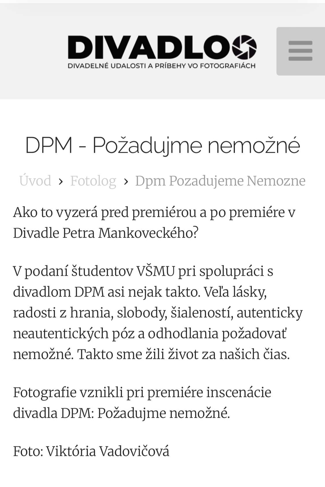 Screenshot of a webpage with the title "DPM - Požadujme nemožné" about dramatic theater experiences, mentioning students from VŠMU and the DPM theater, with a photo credit to Viktória Vadovičová.