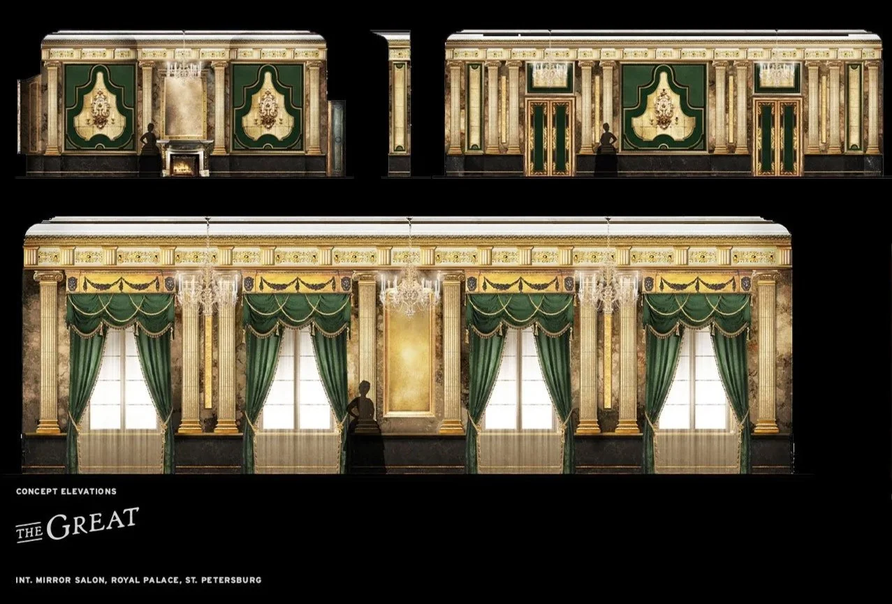 Design concept elevations for the interior mirror salon at the Royal Palace in St. Petersburg, featuring ornate gold and green drapery, chandeliers, and architectural details.