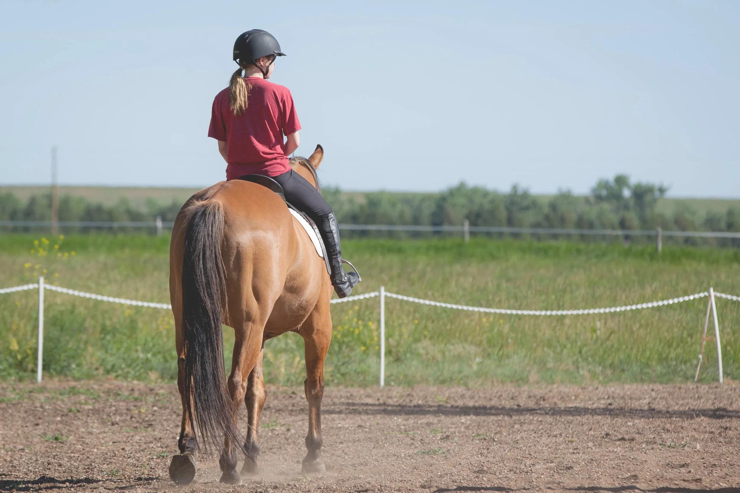 A young girl riding a horse in an outdoor riding arena, wearing a black helmet and a red t-shirt, with a green field and blue sky in the background.