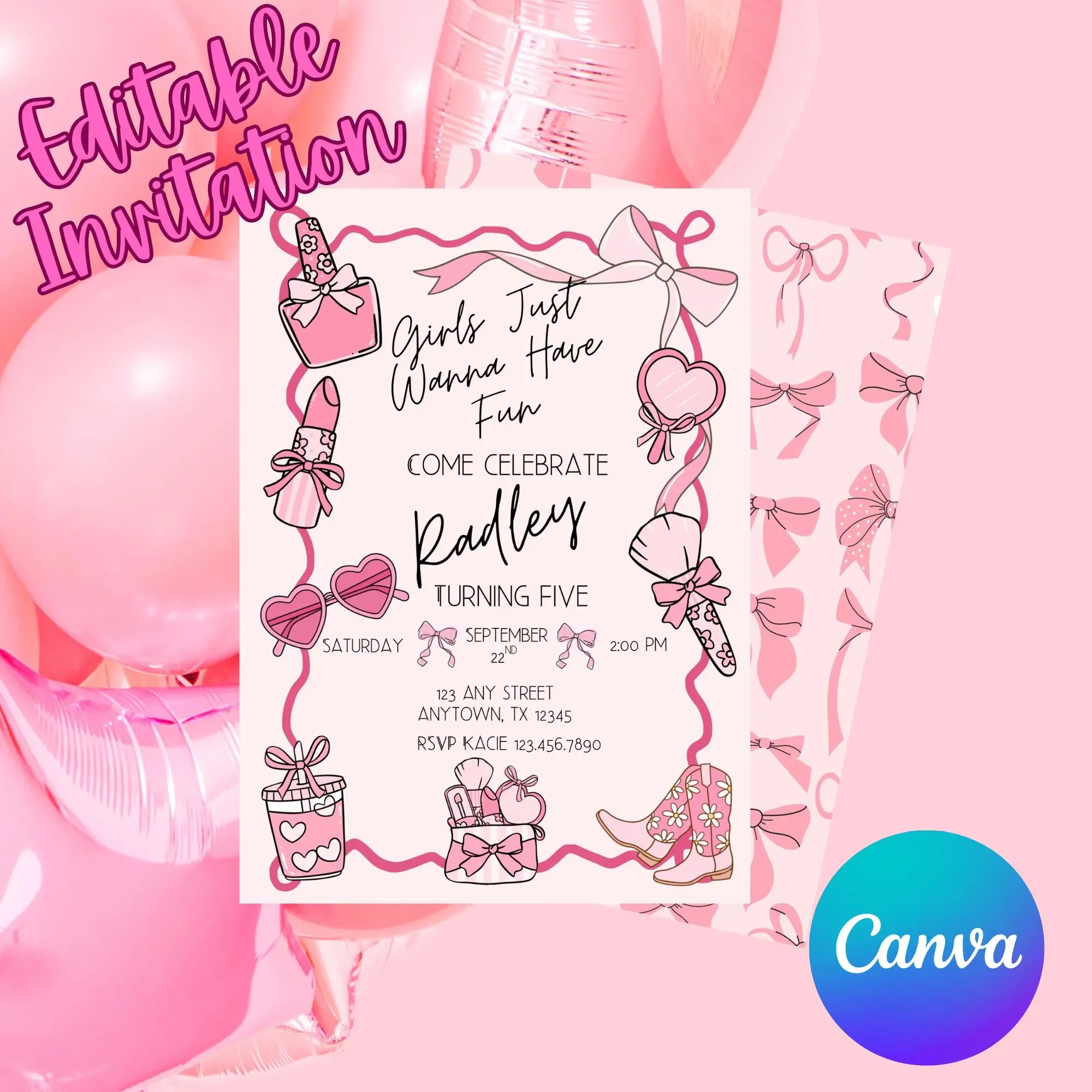 Pink Makeup Birthday Invitation: Cowgirl Boots Version