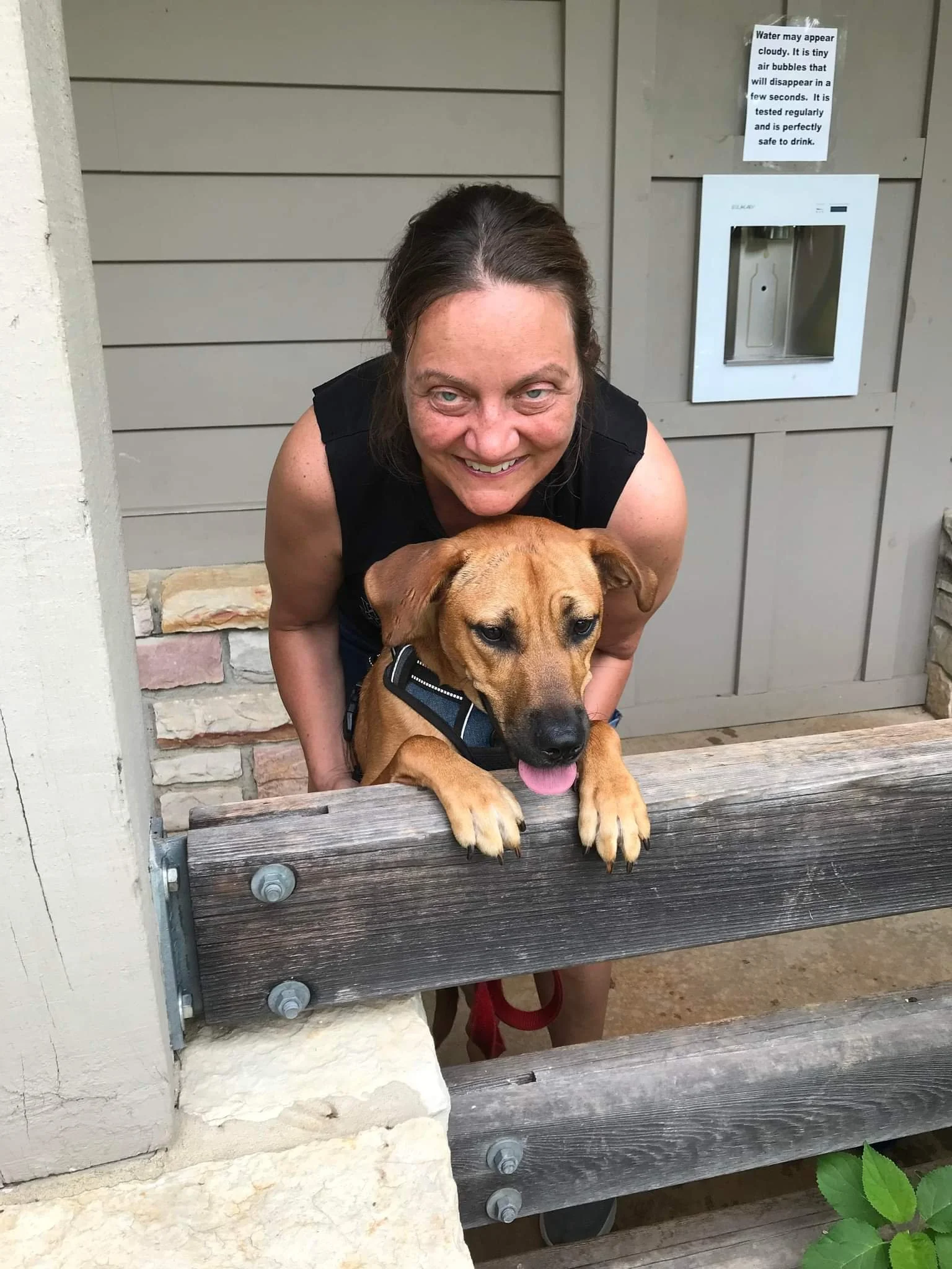 A woman with brown hair smiling and leaning over a wooden fence with her dog, a brown and black mixed breed, who is resting its front paws on the fence and sticking out its tongue.
