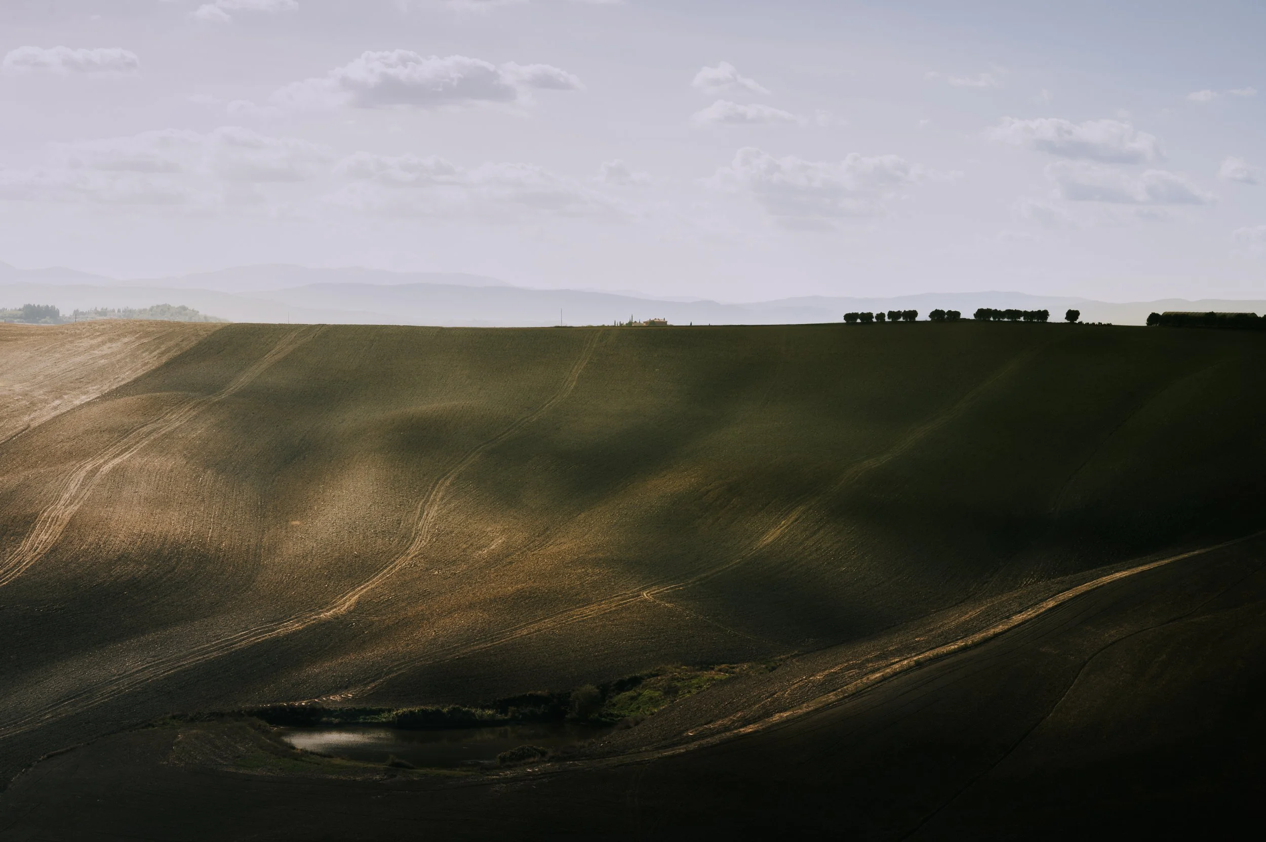 A rolling hillside landscape with green fields, a small pond at the bottom, and a line of trees on the distant horizon under a partly cloudy sky.