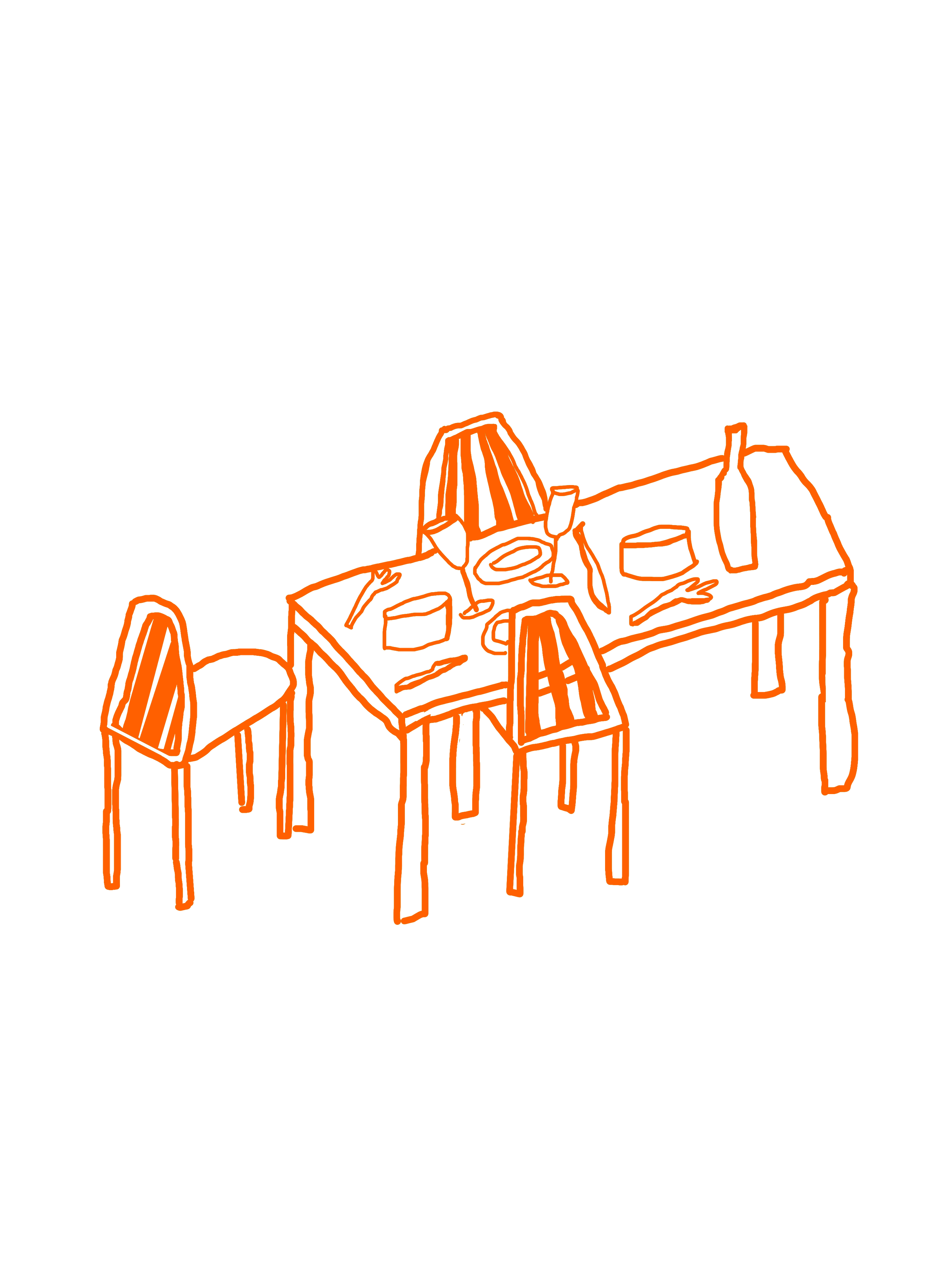 A line drawing of a dining table set for a meal with three chairs around it, a table lamp, plates, glasses, and cutlery on a black background.