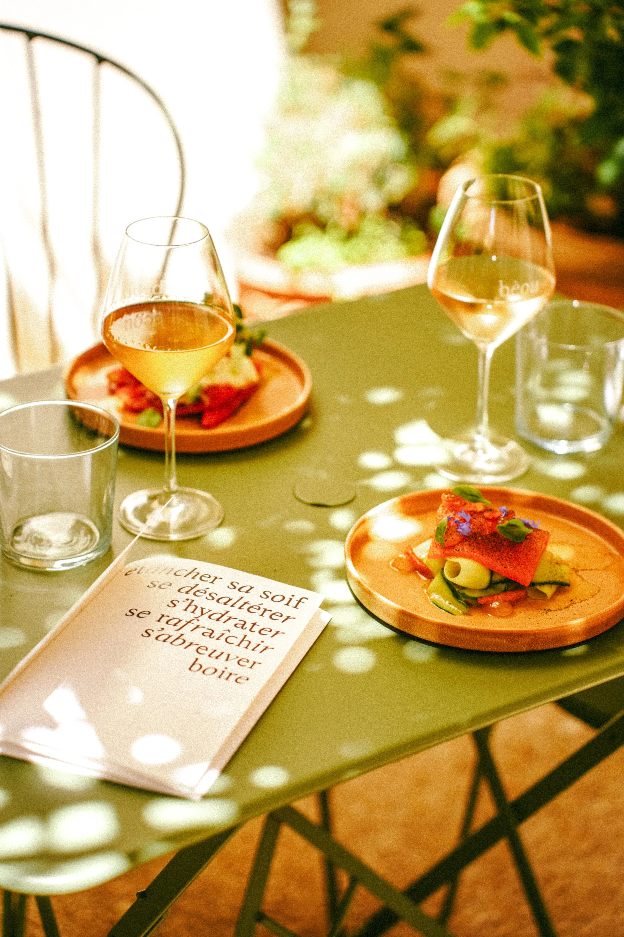 A table set with two glasses of white wine, a clear water glass, a small black paper menu, and two terracotta plates with gourmet food, all under dappled sunlight.