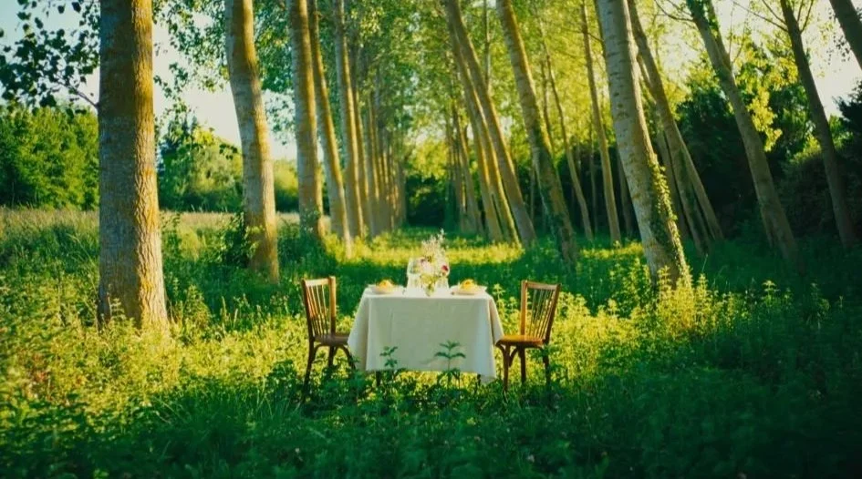 a table set for two with a white tablecloth, plates, and flowers, located in a lush green forest with tall trees and sunlight filtering through the leaves