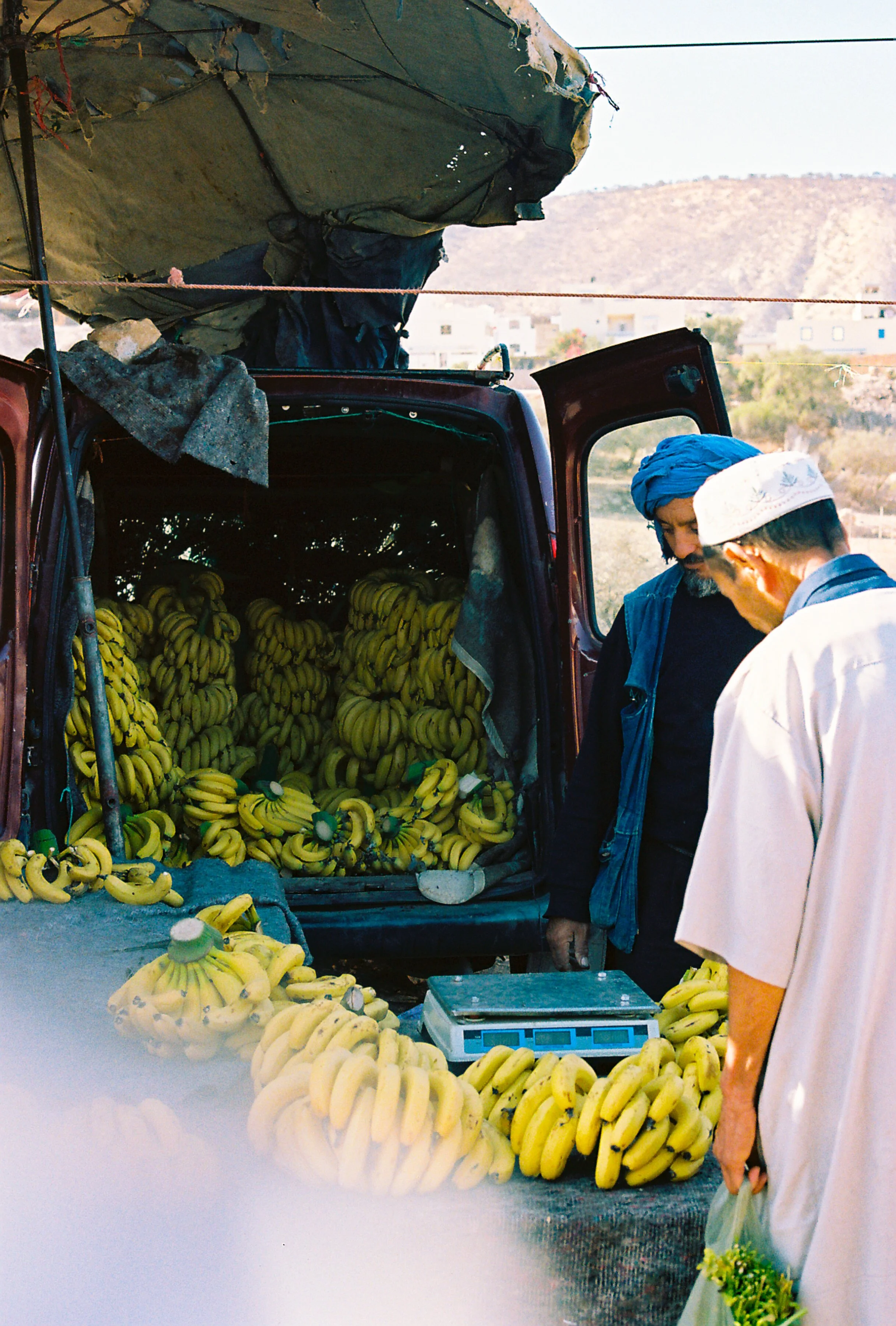 Two men at a banana stall with numerous bunches of bananas, an open truck filled with bananas behind them, and a piece of cloth hanging over the truck's door.