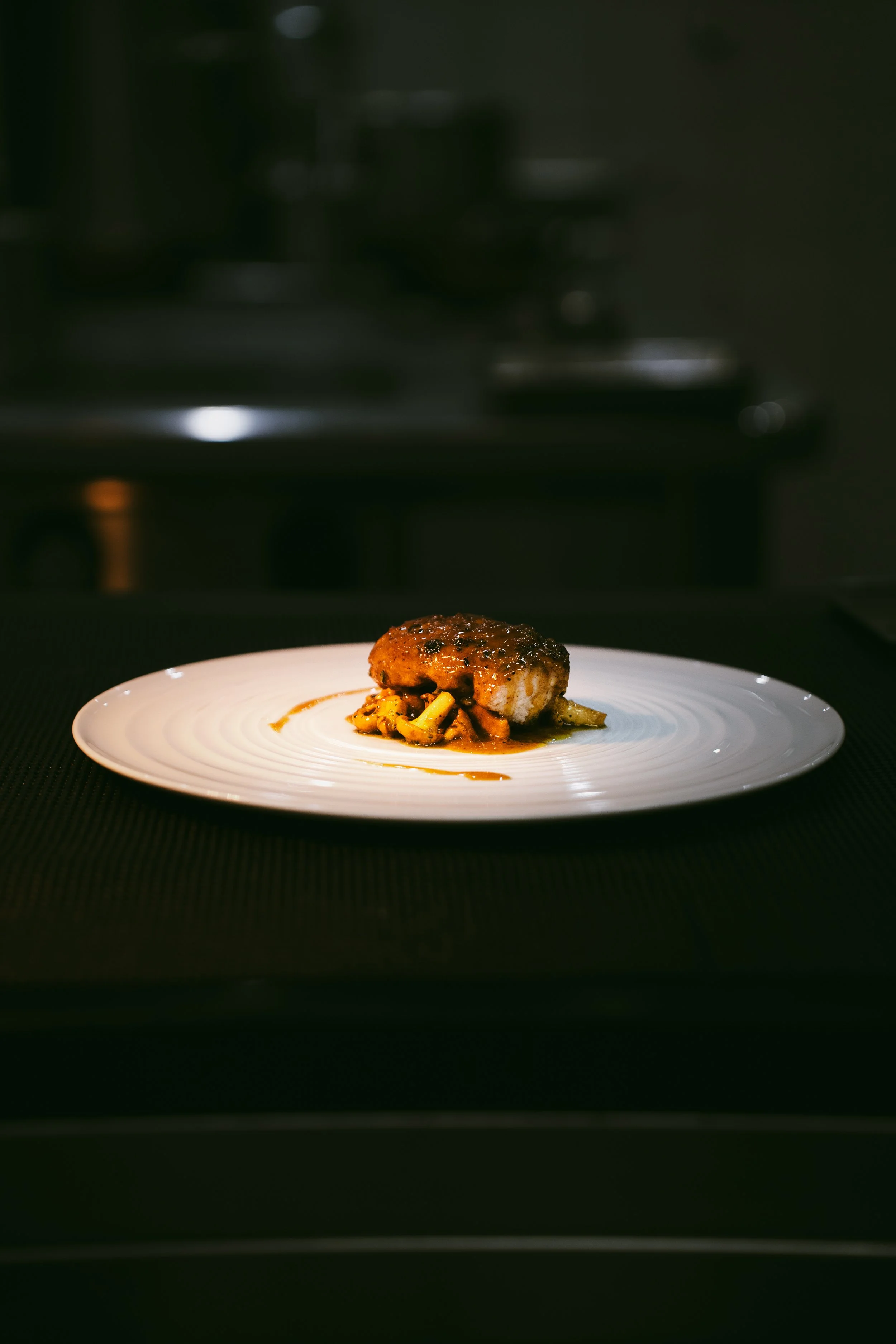 A plated gourmet dish featuring a piece of meat atop a bed of vegetables on a white plate, set against a dark kitchen background.