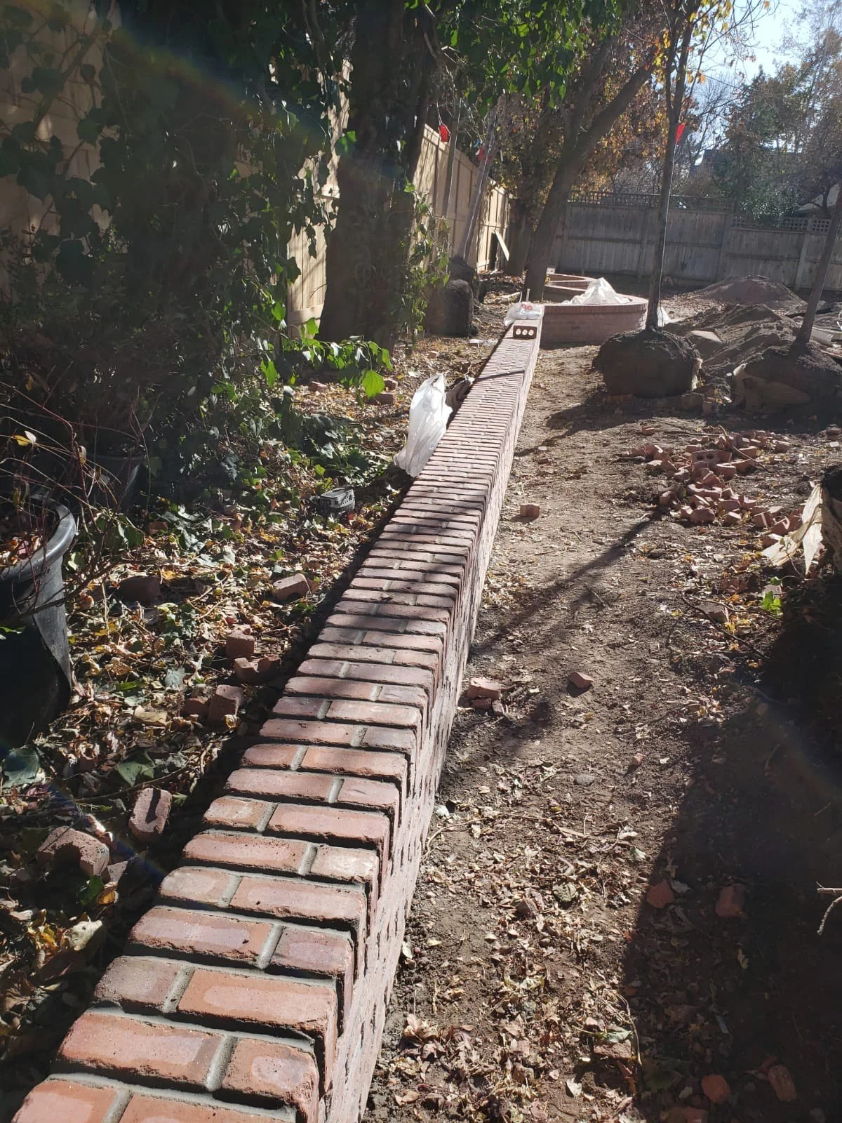 A partially constructed brick wall in a backyard garden with a dirt pathway, scattered bricks, and piles of rocks, surrounded by a wooden fence and trees.