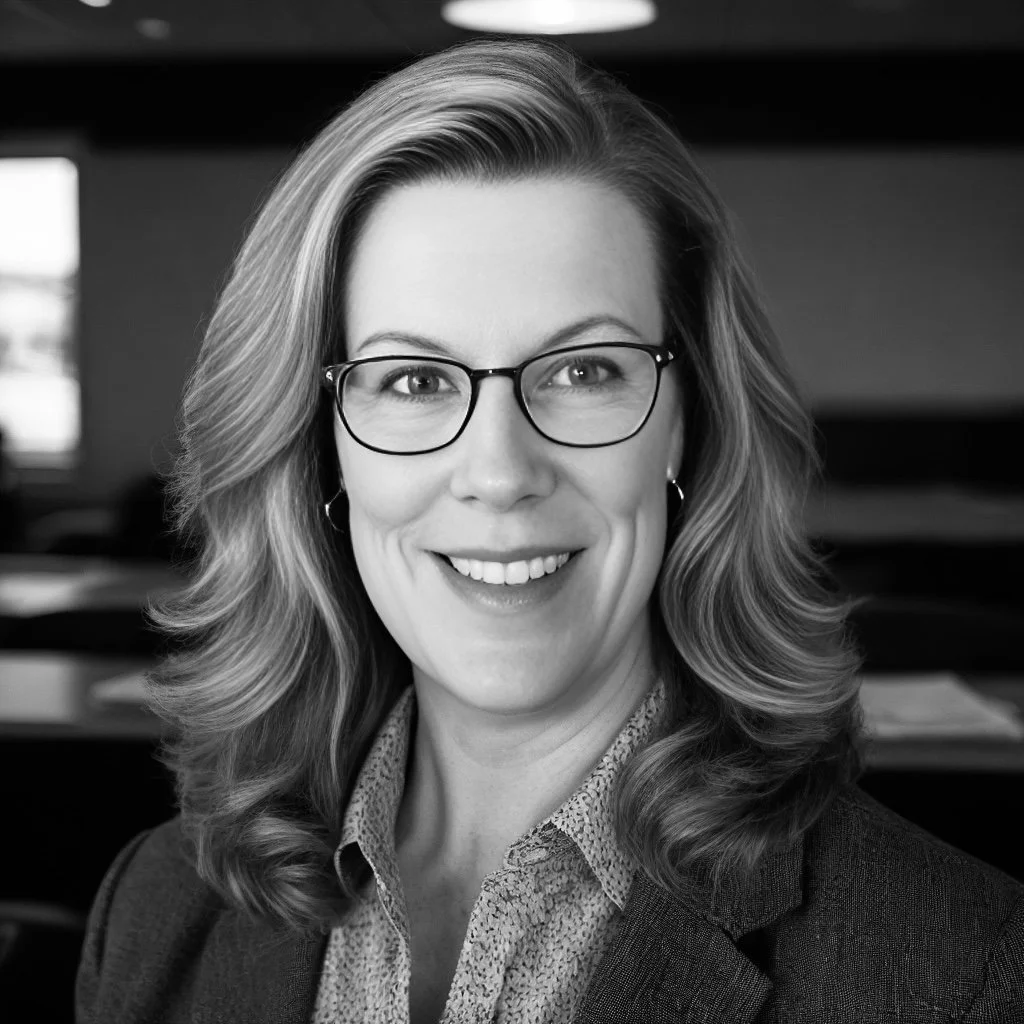 A woman with wavy hair, glasses, and a blazer smiling at the camera in a professional setting.
