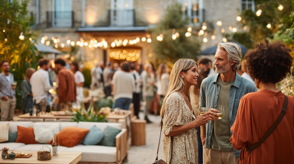 A joyful evening courtyard event under string lights
