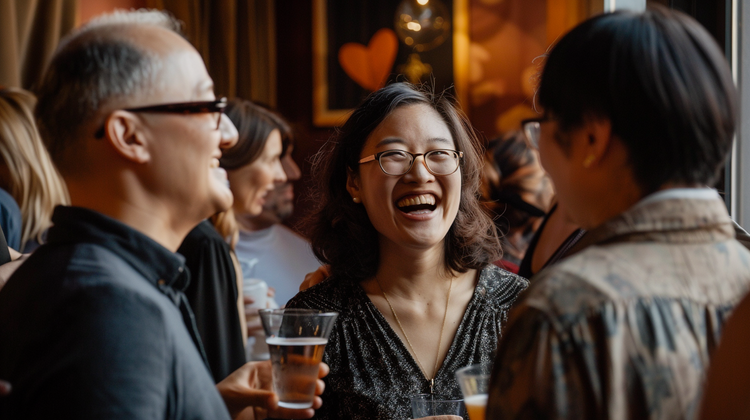 Woman laughing at a private venue gathering, drinks in hand