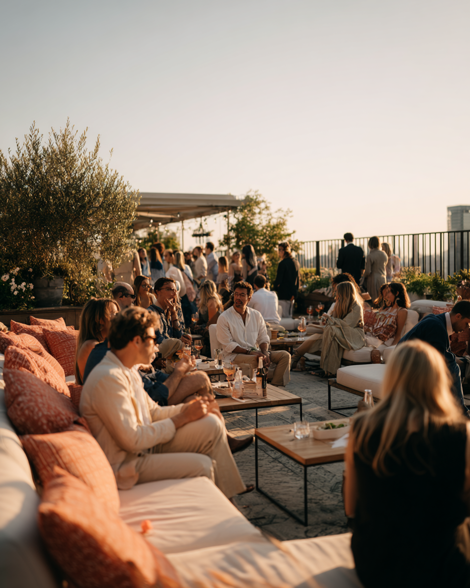 Guests gathered at golden hour for a rooftop private event in early summer