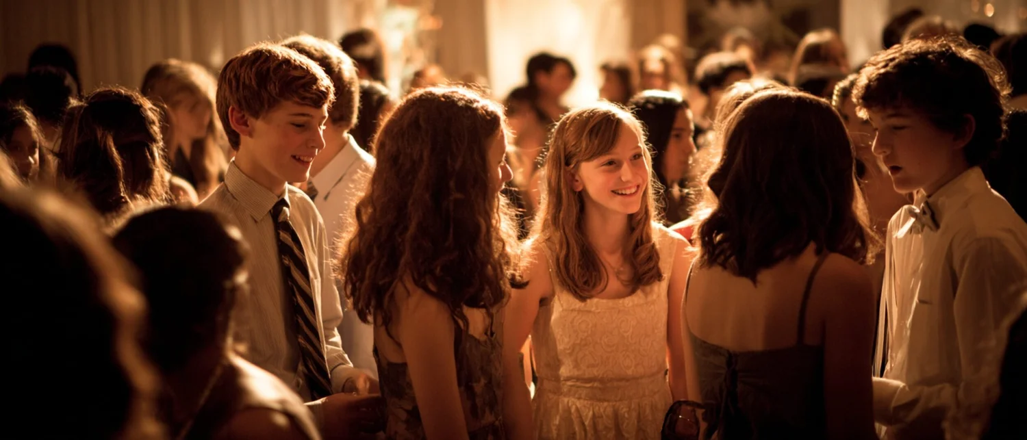 An elegantly set long table in a historic venue with warm lighting, ready for a milestone dinner celebration