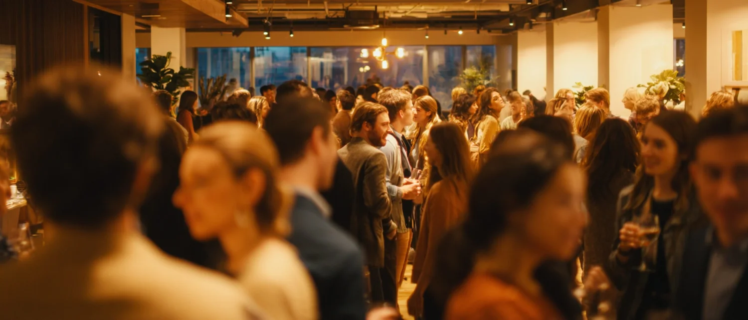 Guests at a formal cocktail reception in a private event venue