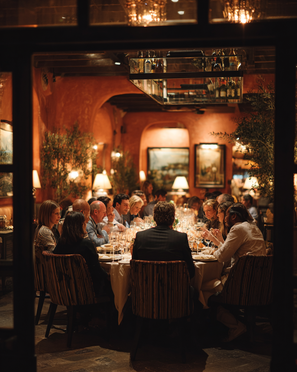 A full private event dining room with guests seated at long tables