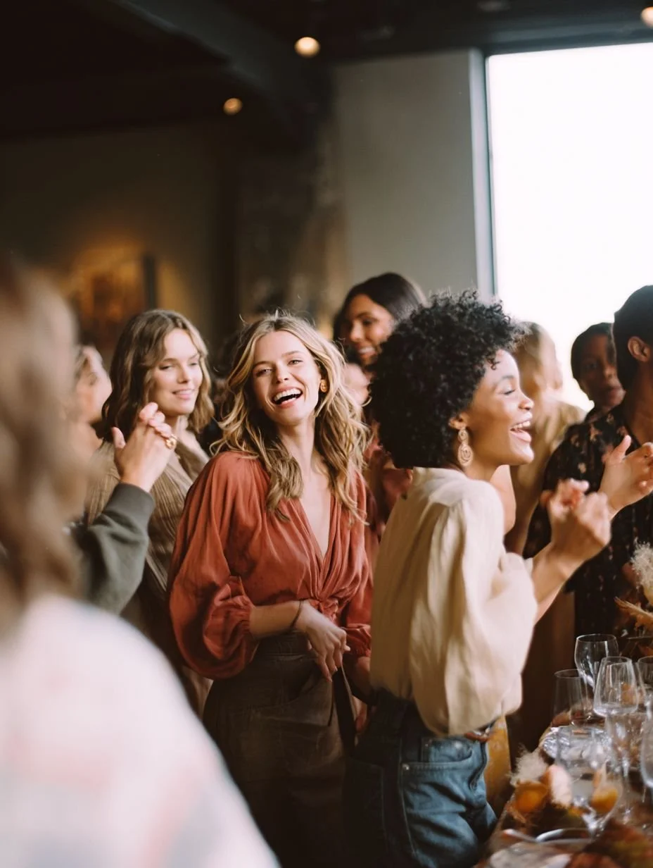 Friends laughing together at a standing reception