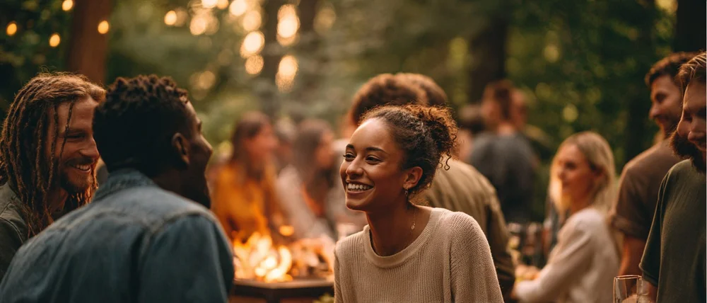 Guests gathered around a fire pit in the evening