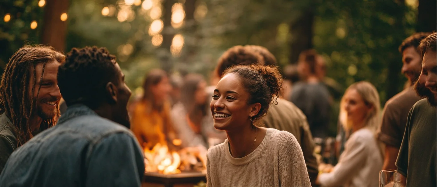 Long table setup inside an Atlanta warehouse event space with string lights