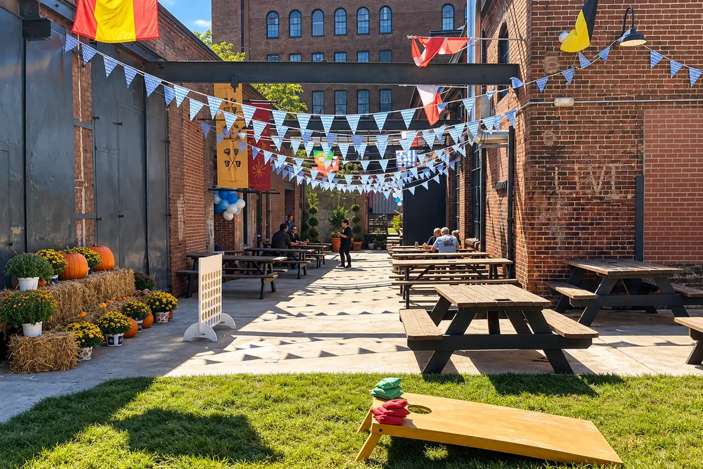 The Biergarten courtyard with string flags, picnic tables and lawn games