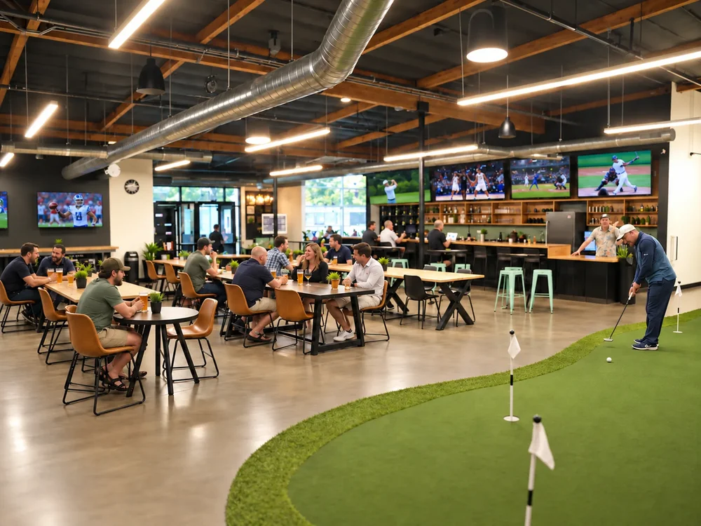 Guests at tables beside the indoor putting green while a player lines up a putt