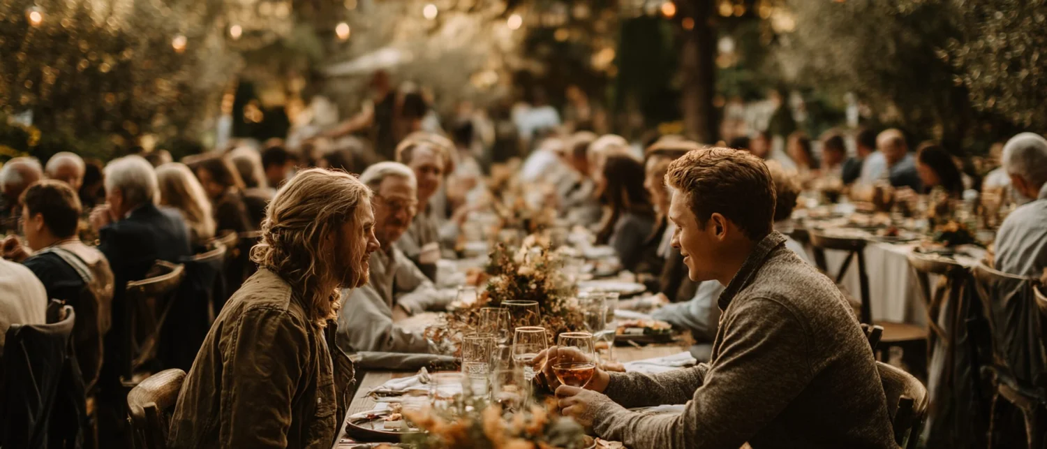 A private dining room with warm lighting and long table set for a corporate dinner in Silicon Valley