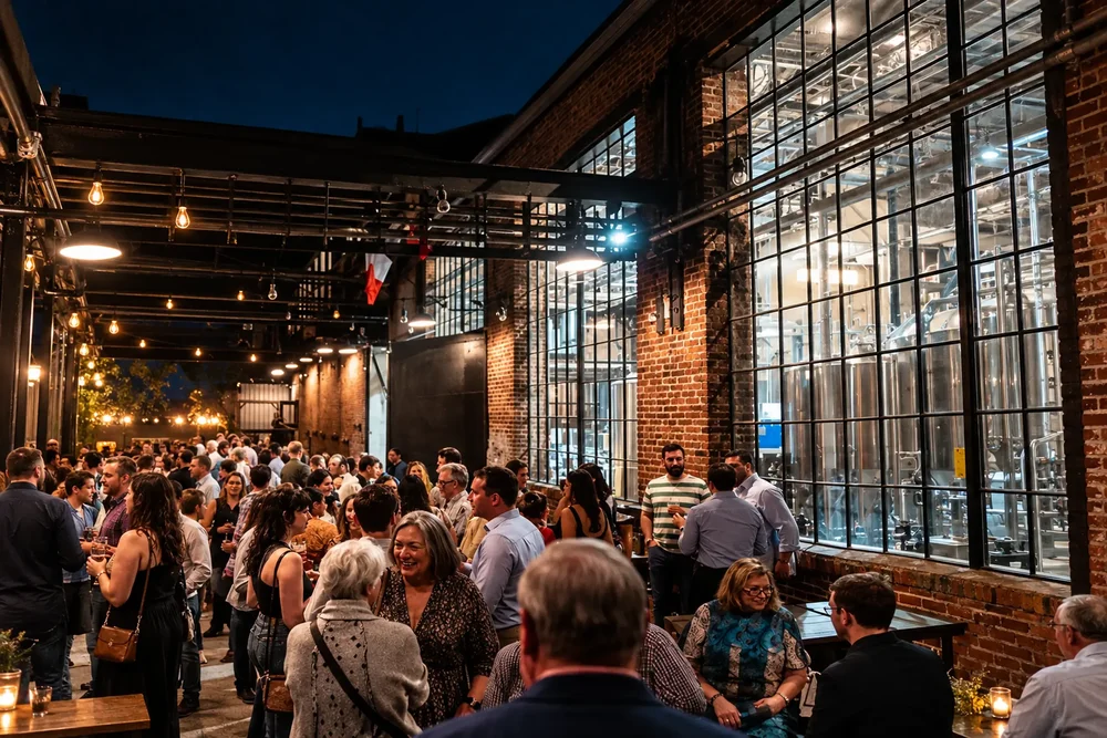 A full house at Guilford Hall in the evening, guests gathered under the factory windows