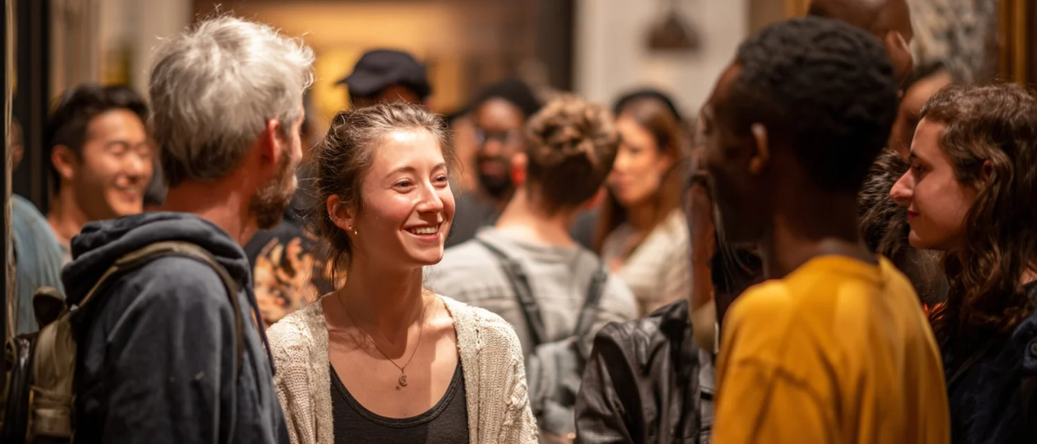 A developer presenting at a tech demo night in a private venue