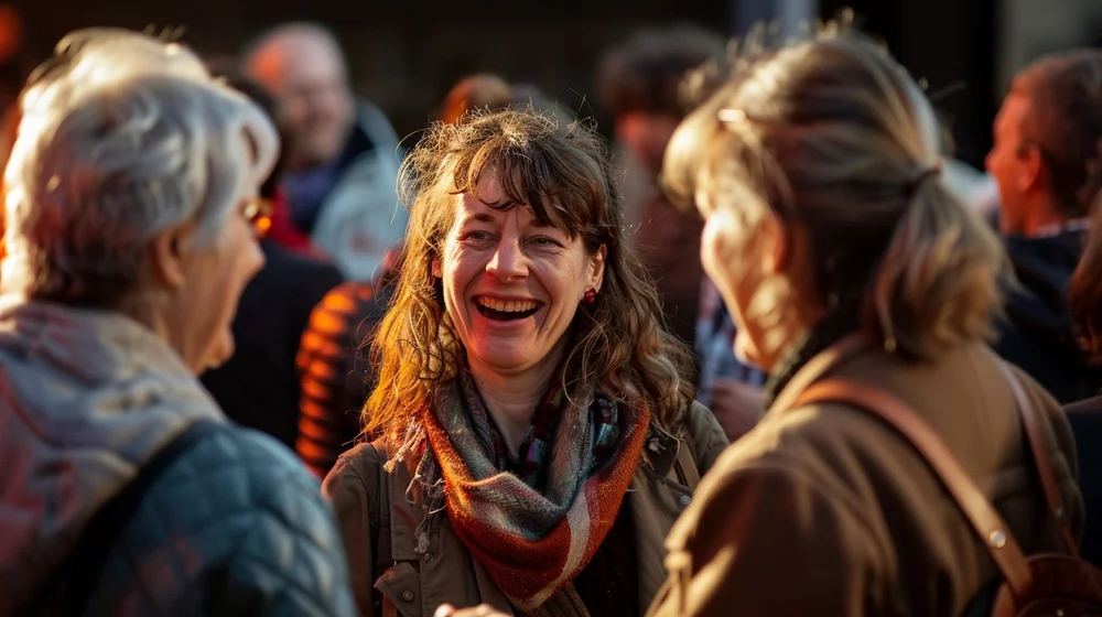 Guests laughing at a busy reception