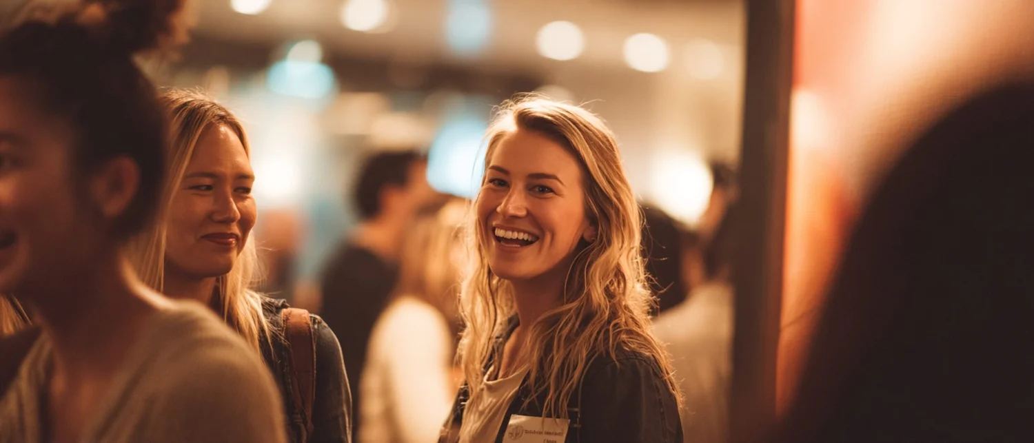 A dimly lit cocktail bar with a private section set for a late-night afterparty, warm lighting and small groups with drinks