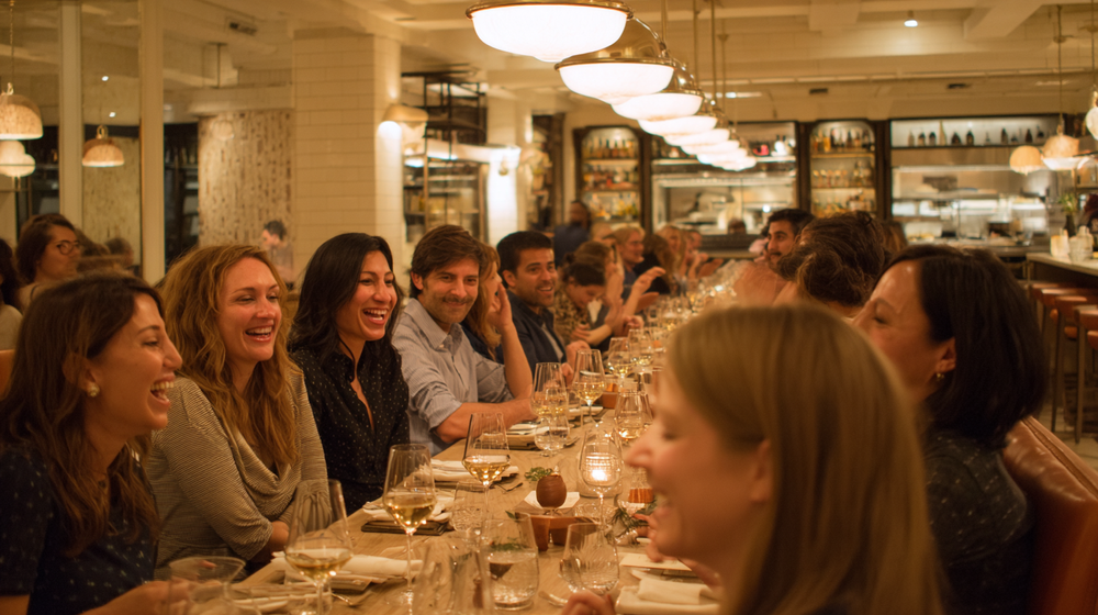 A private party filling a restaurant room on a weeknight