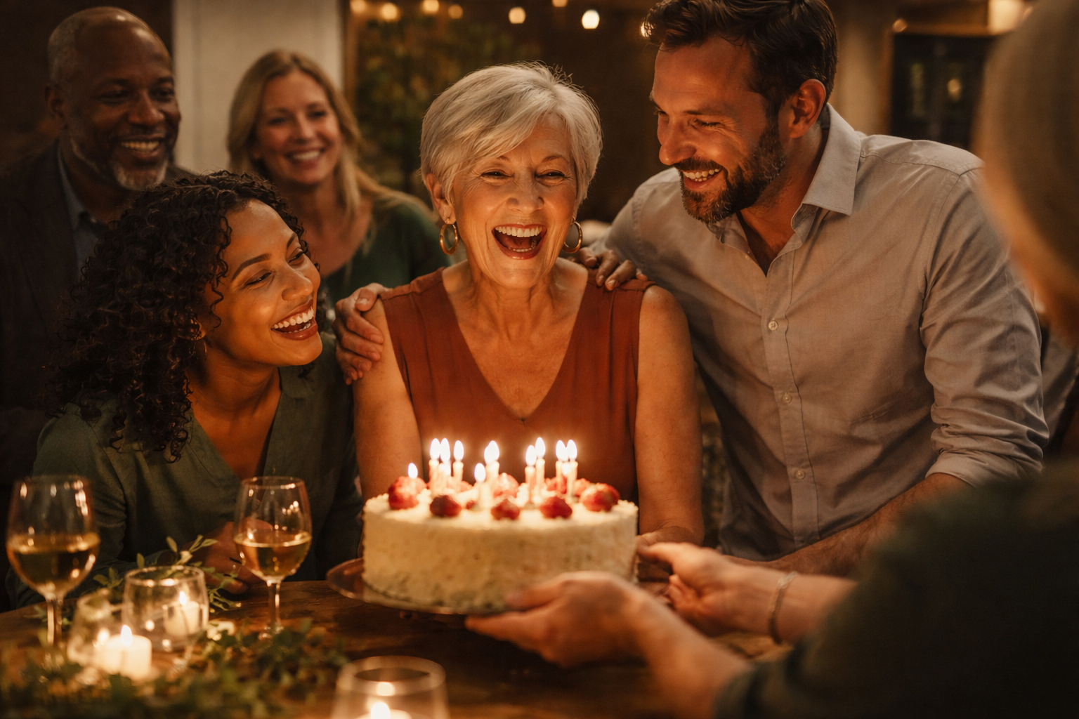 Milestone birthday dinner at a private event venue with warm lighting and guests celebrating.