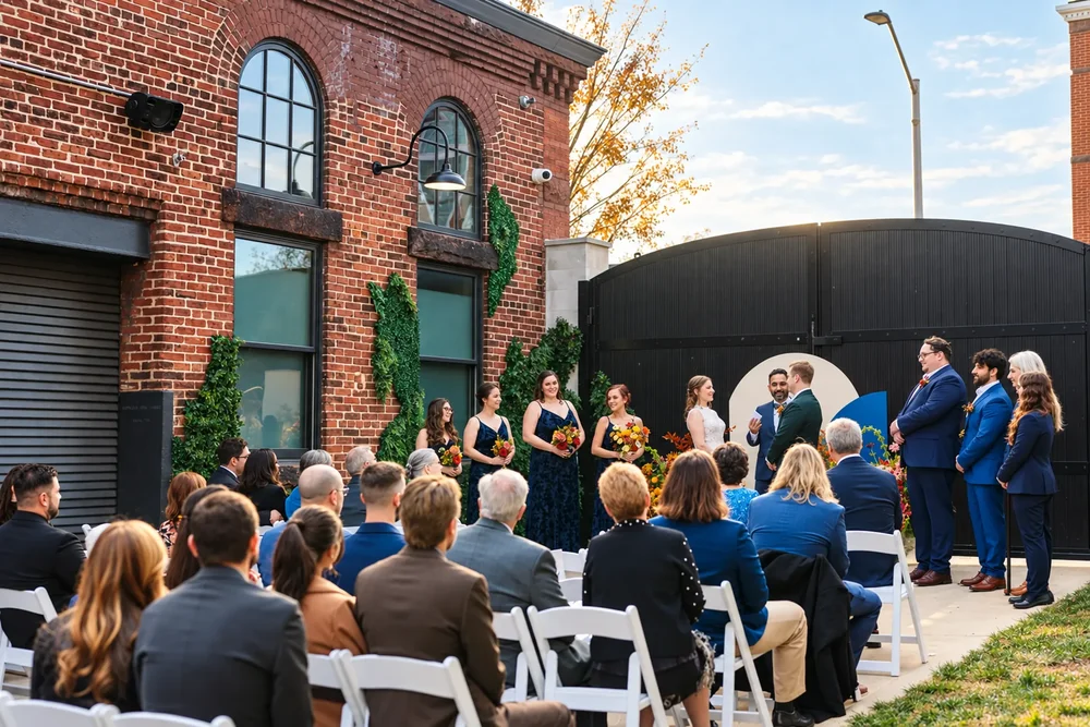Guests seated for a wedding ceremony in the Guilford Hall courtyard