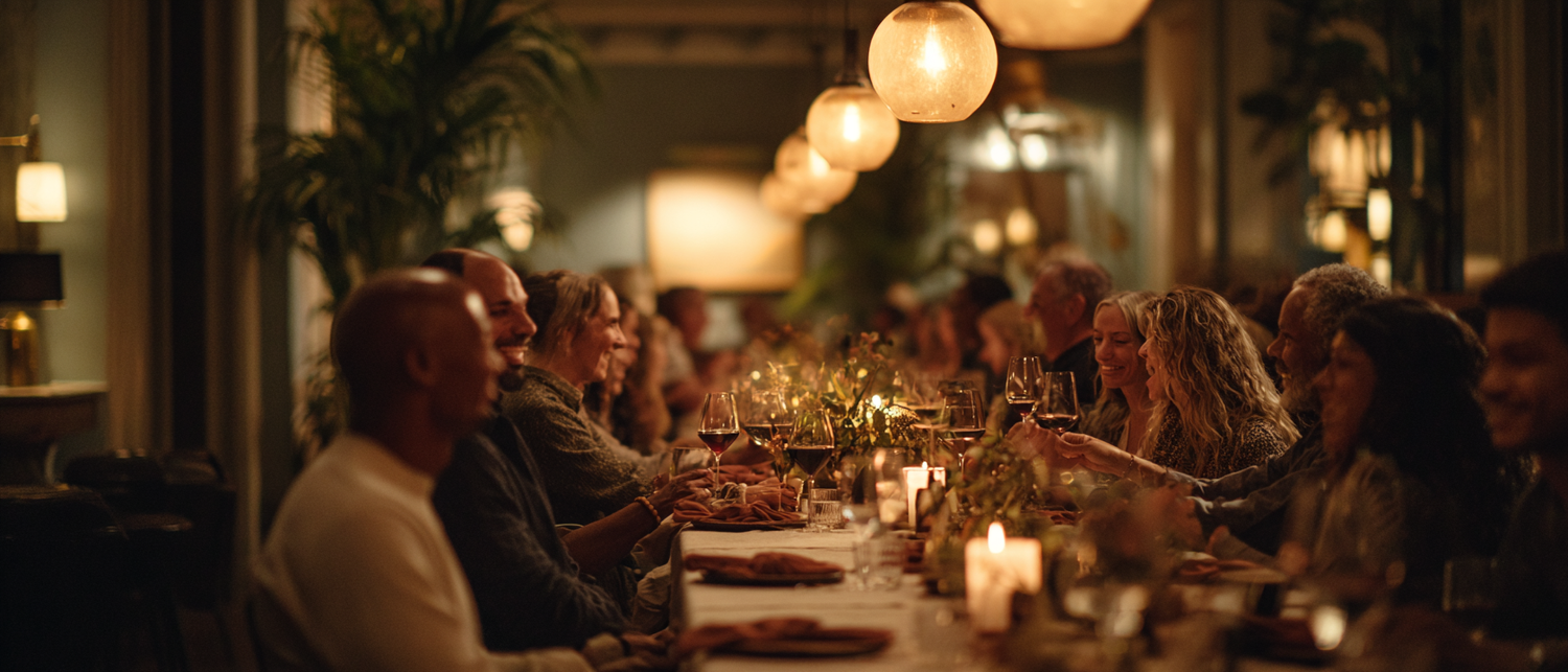 An intimate private dining room set for an evening event