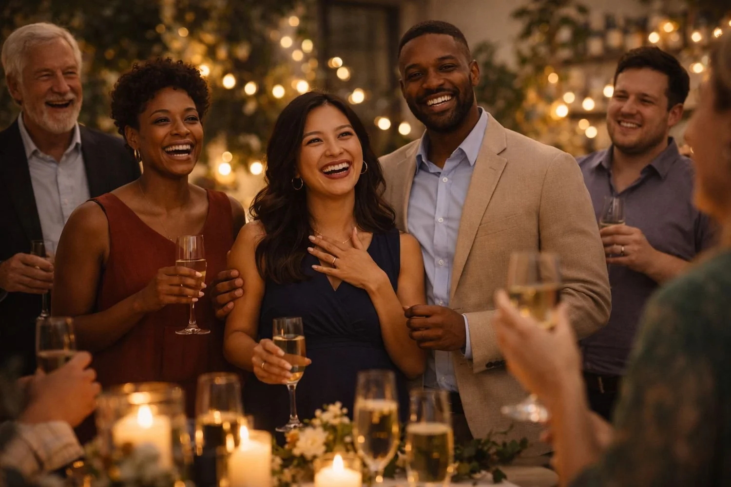 A family gathered around a private dining table at a warmly lit restaurant