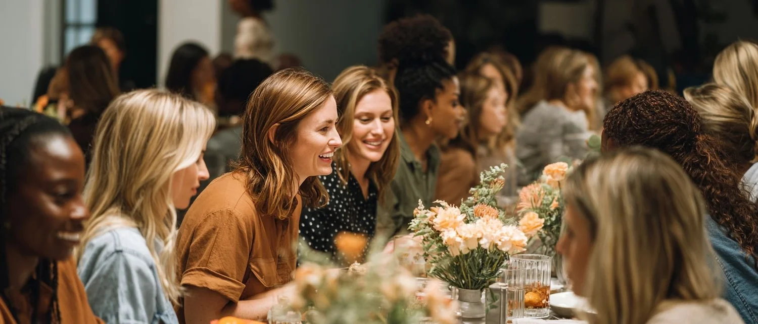 A beautifully set long private dining table with florals and warm lighting