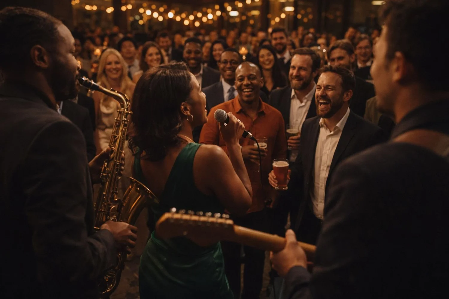 Festive holiday cocktail party in a warm private venue with string lights and guests mingling