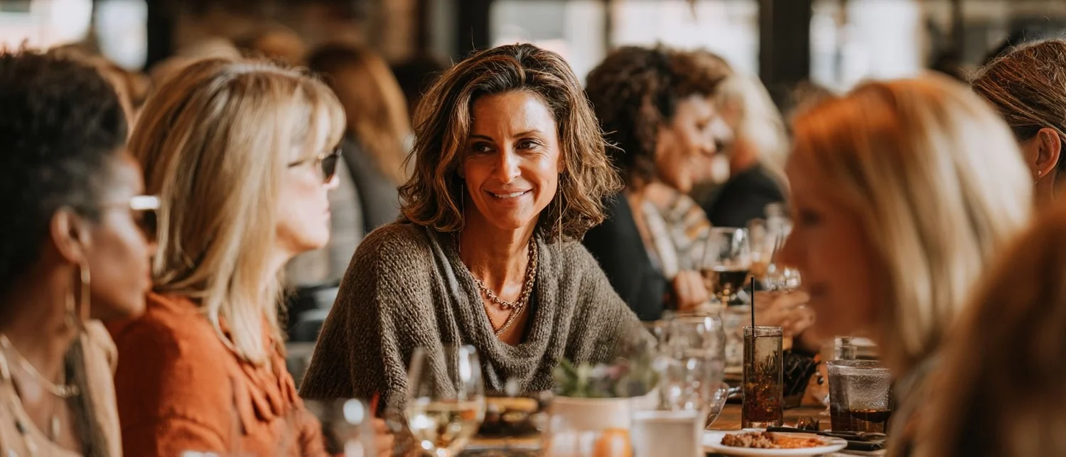 Friends celebrating a birthday dinner at a restaurant with candles and drinks