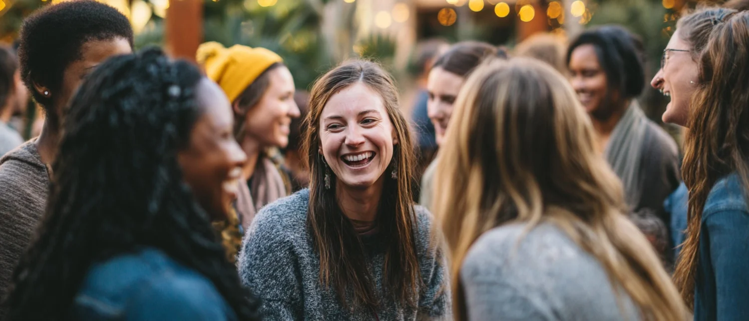 An outdoor patio set for a private event with string lights and long communal tables