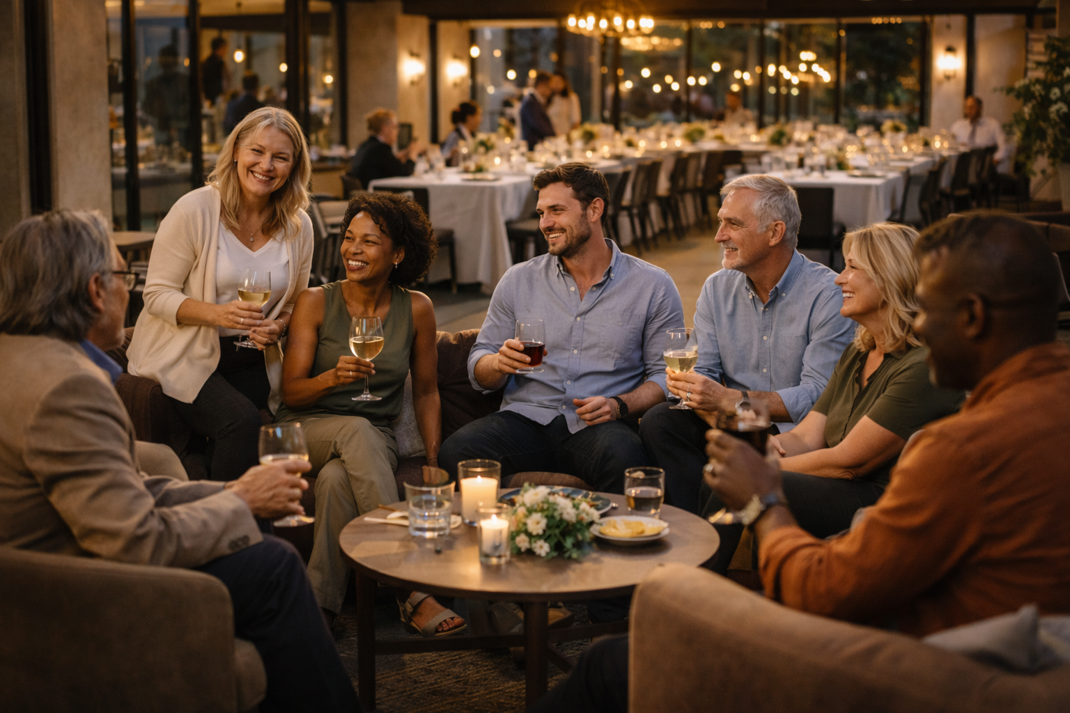 A group enjoying drinks in an evening cocktail lounge