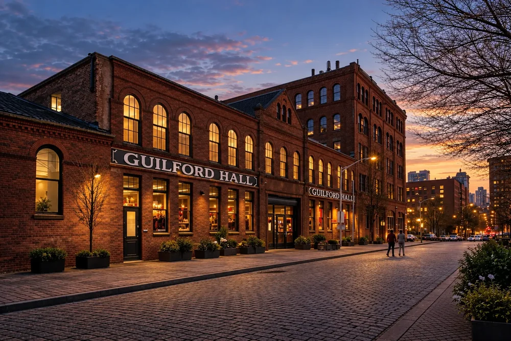 The restored brick Crown Cork & Seal factory on Guilford Avenue at dusk