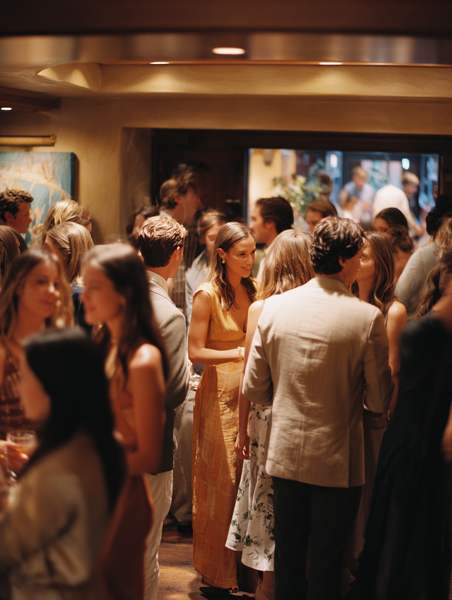 Guests in summer dresses at an elegant standing reception